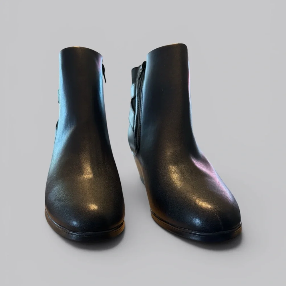 Women’s Clarks Black Leather Ankle Boots with Buckle Strap